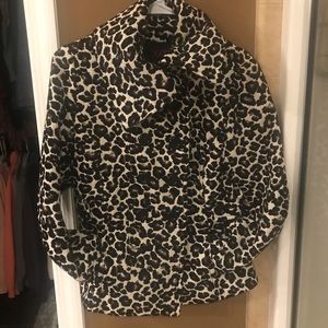 Black leopard print velvet textured pea coat.